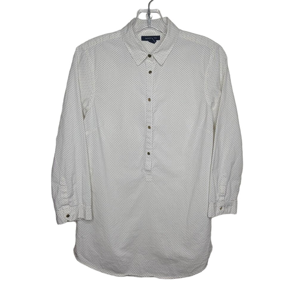 Lands End creamy white black polka dot long sleeve popover blouse - 2